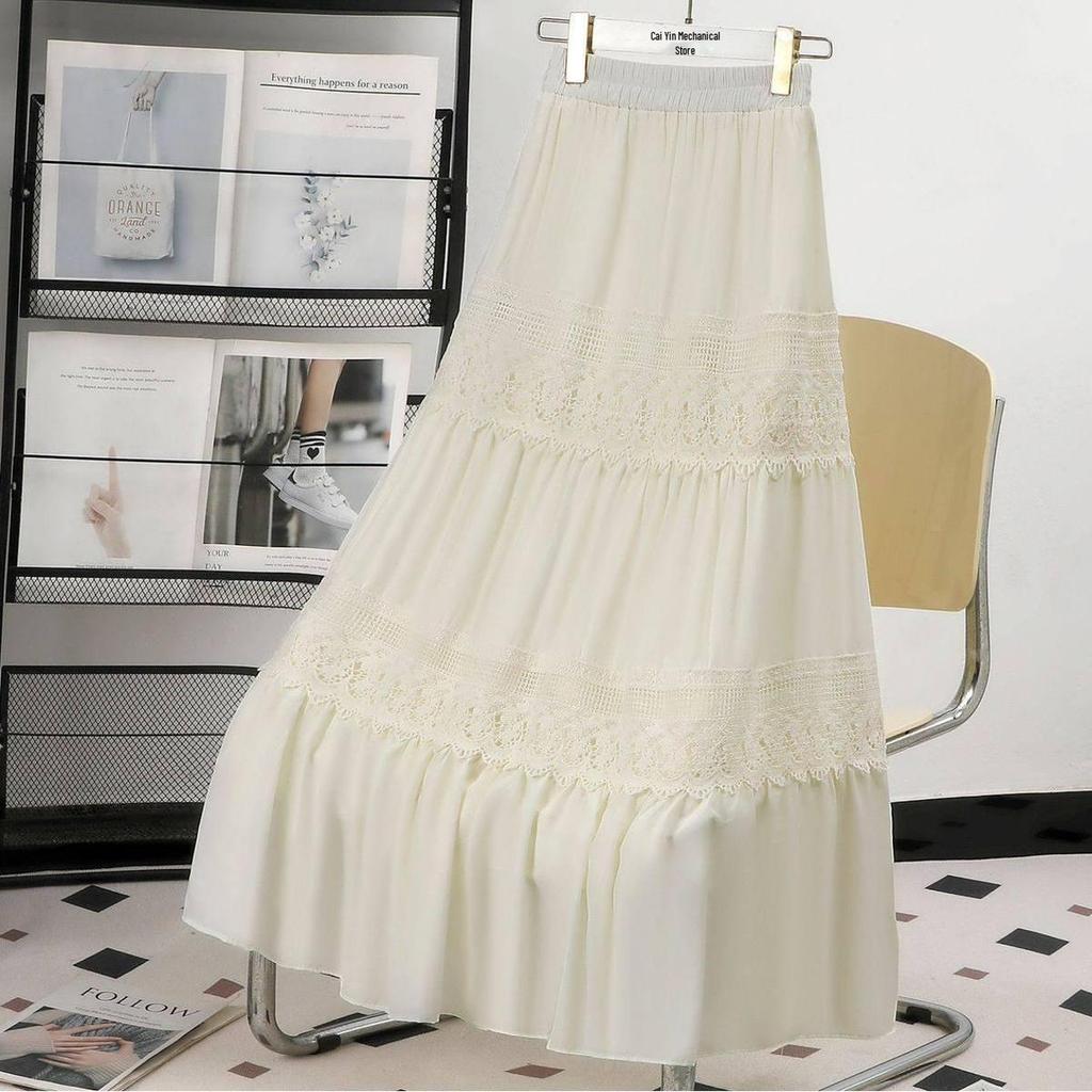 Spring 2026 Elegantly Slimming High-Waisted A-Line Midi Skirt with Lace Panels