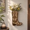 Wooden Western Boot Wall Decor with Vase Rustic Hollow Carved Hanging for Entryway