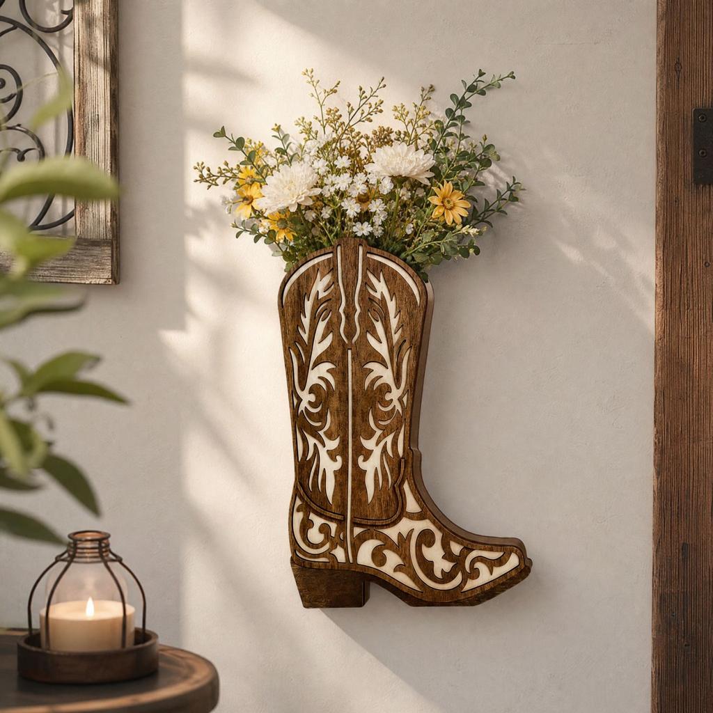Wooden Western Boot Wall Decor with Vase Rustic Hollow Carved Hanging for Entryway