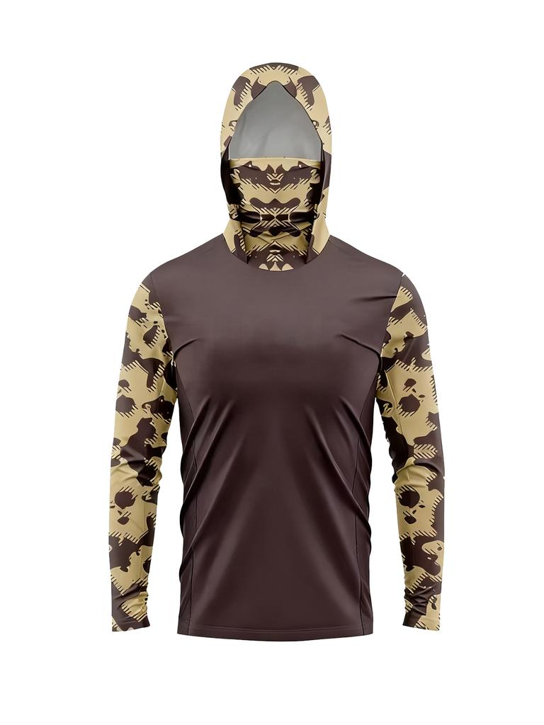 Men Splash Print Hooded Fishing Shirt Built‑in Face Mask UPF50+ UV Protection Mesh Sides Quick Dry Long Sleeve Outdoor Top