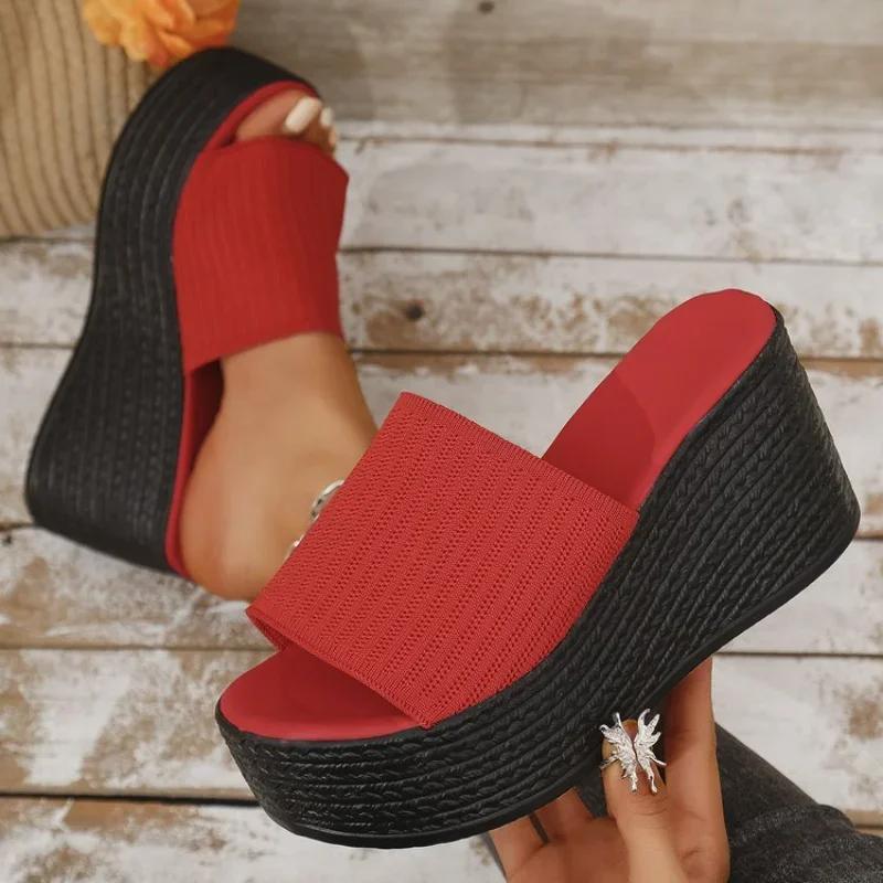 Summer New High Heel One Word Slippers for Women, Solid Color, Casual, Simple Slope Heel,Slippers Women's Shoes Plus Size 35-43