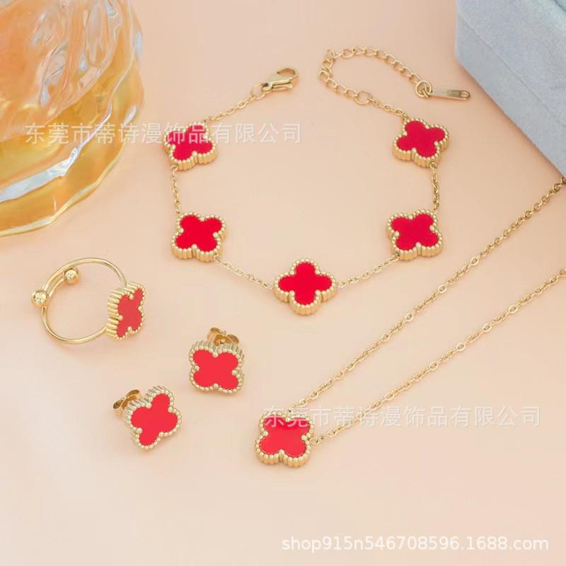 Four Leaf Clover Jewelry Set 18k Plated Necklace Earrings Bracelet Ring Women