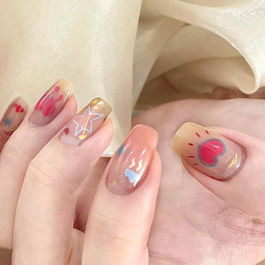 24 PIÈCES Ongles Carrés Courts Doux et Cool Simples Étoile Rouge Rayures Spirales Faux Ongles Français pour Spice Girls Portables Y2k Embouts d'Ongles