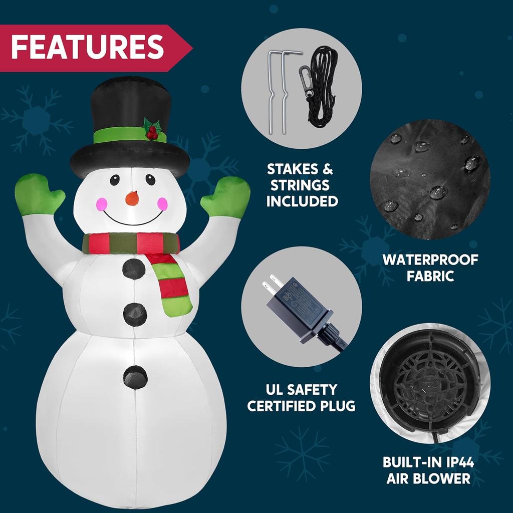 JOYFY Decoración Inflable de Muñeco de Nieve Navideño de 1.8 m de Altura con LEDs Incorporados y Sombrero Mágico para Fiesta Navideña Decoración de Jardín