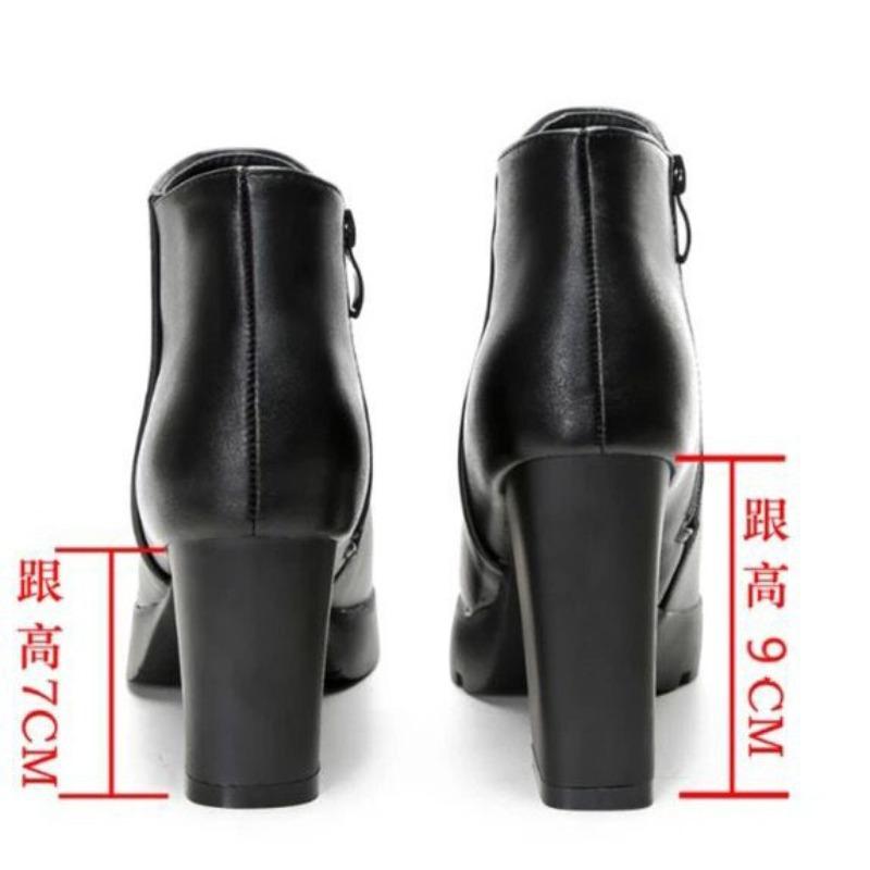Mode Lässig Reißverschluss Spitzzehe Weiches Leder Damen Schuhe Plateau Blockabsatz Hochhackige Stiefeletten Schwarz Motorradstiefel