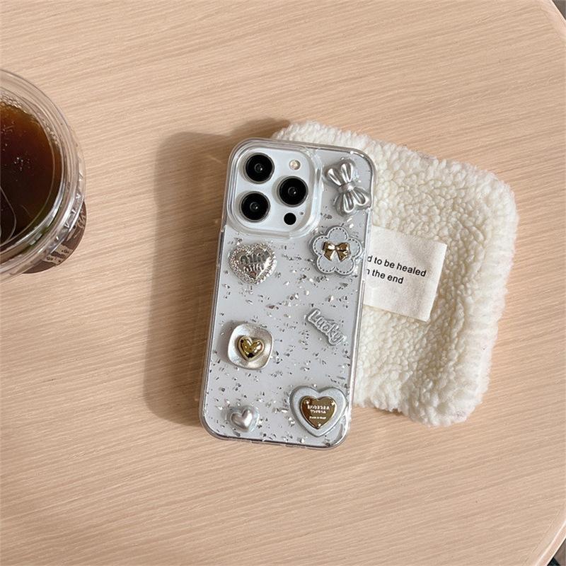 Light Luxury Sequined Bow Love Phone Case for IPhone16 Promax Flowers for Apple 17 Transparent Soft Case