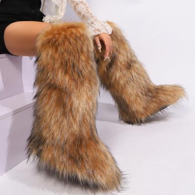 Women Fluffy Faux Fur High Tube Snow Boots Long Fur Mongolian Woolen Boots Knee High Boots Ankle Snow Boots