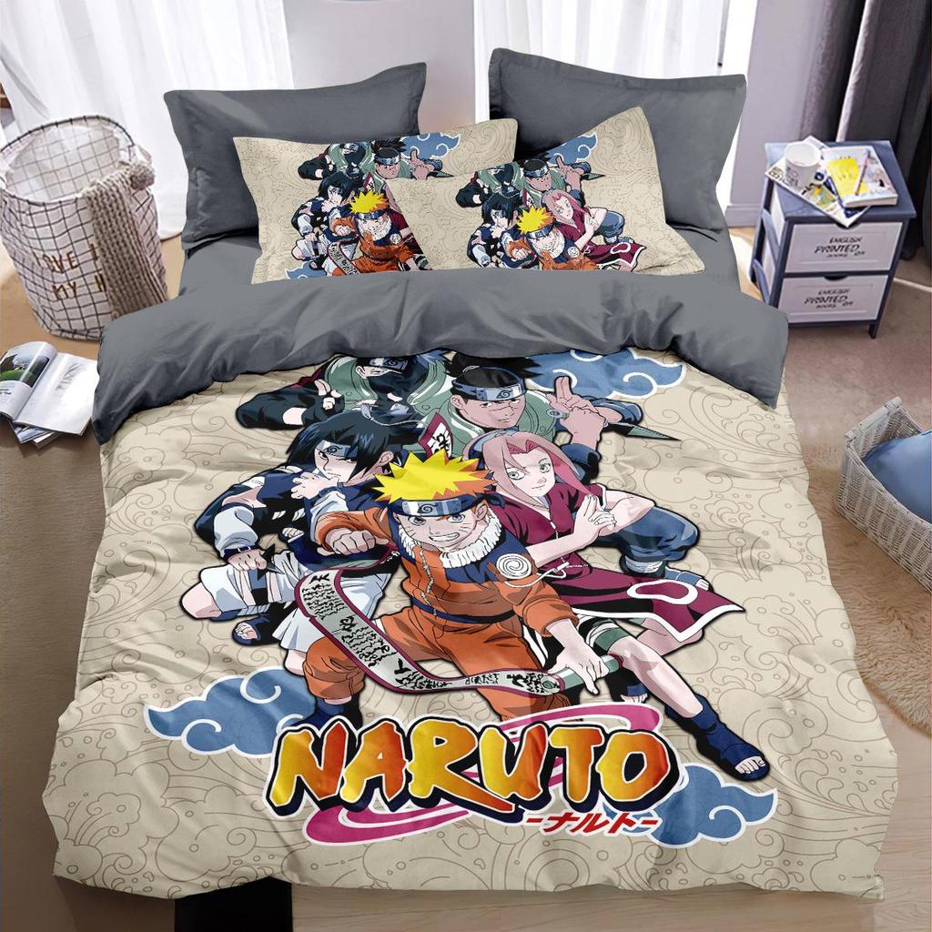 Naruto Cotton Bedding Set: Duvet Cover, Fitted Sheet, Pillowcase for Boys' Dorms