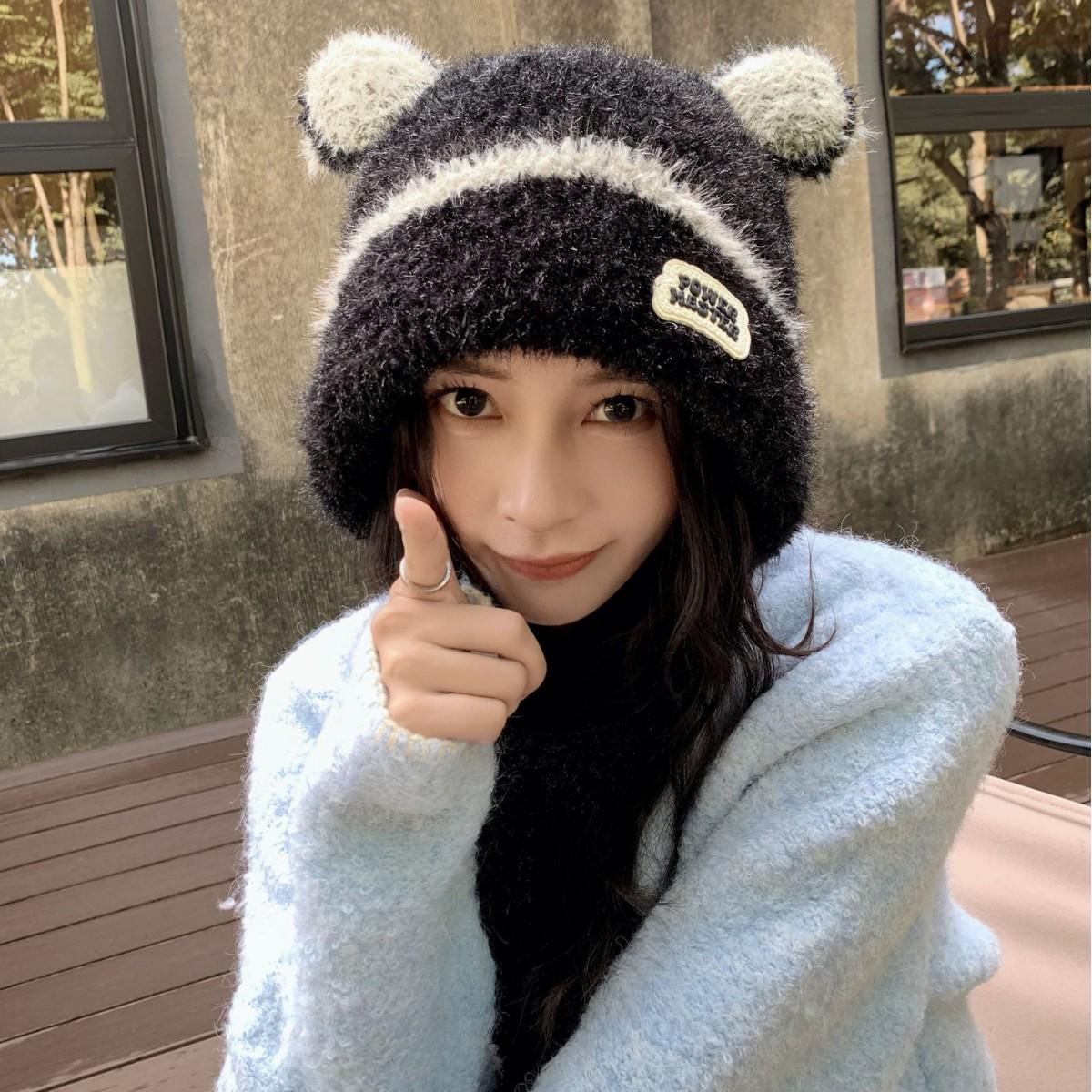 

Женская вязаная шапка-пуловер с милыми ушками - Японская мода, Теплая шерстяная защита ушей для коллекции Осень-Зима 2025 L (58-60cm) чёрный