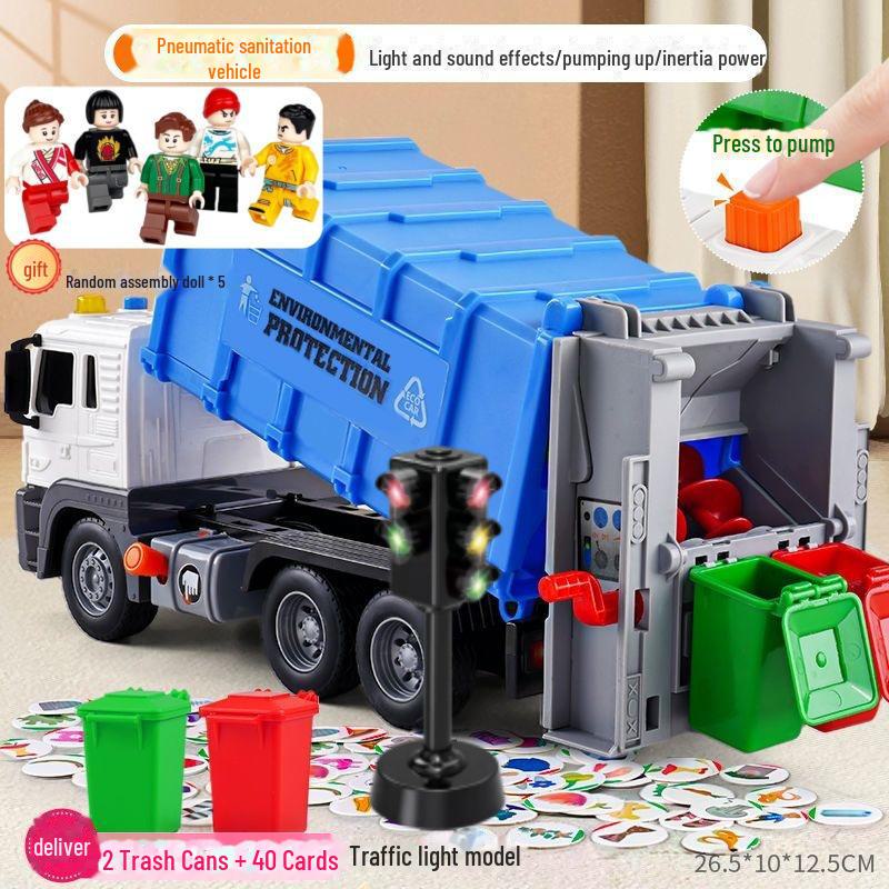 Inertial Garbage Truck Toy with Inflatable Lift and Sorting Bins - Kids' Sanitation and Sweeping Simulation