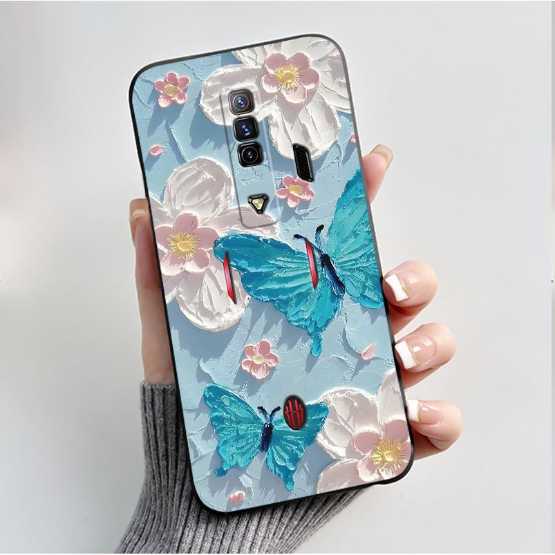 Pattern Case For ZTE Nubia RedMagic 7 5G Funda For Nubia RedMagic 7S 5G Soft Silicone Black Shell Cute Flower Cartoon Capa Cover