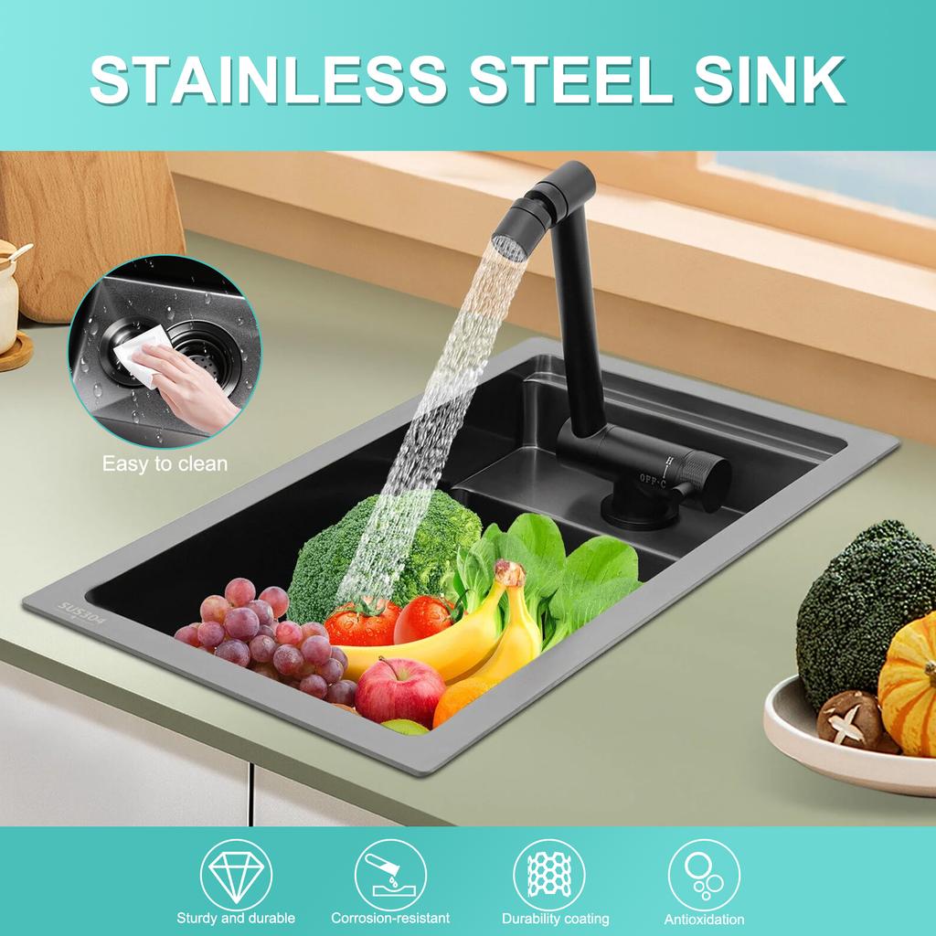 Hidden Bar Kitchen Sink with Foldable Faucet 304 Stainless Steel Single Bowl Wash Vegatable Basin Drop-In Bar Sink for Pantry