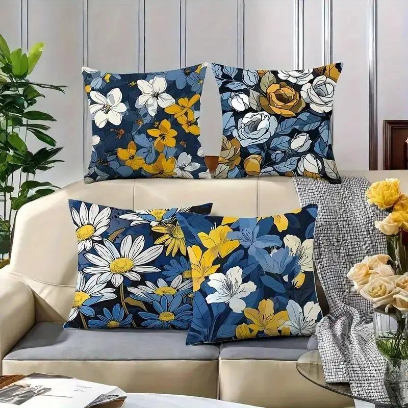 Navy Blue & Yellow Floral Pillowcase - Vibrant Botanical Print Pillow Cover for Sofa Bedroom Living Room