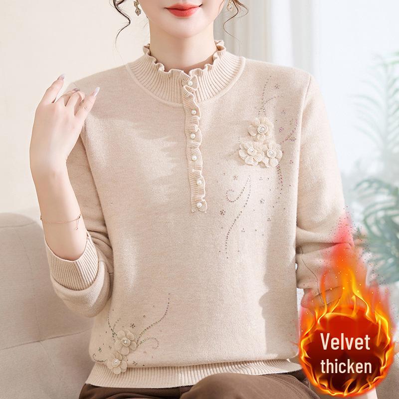 Women's Winter Fleece Knit Top: Plus Velvet Wood Ear Collar Base Layer for Middle-Aged Moms