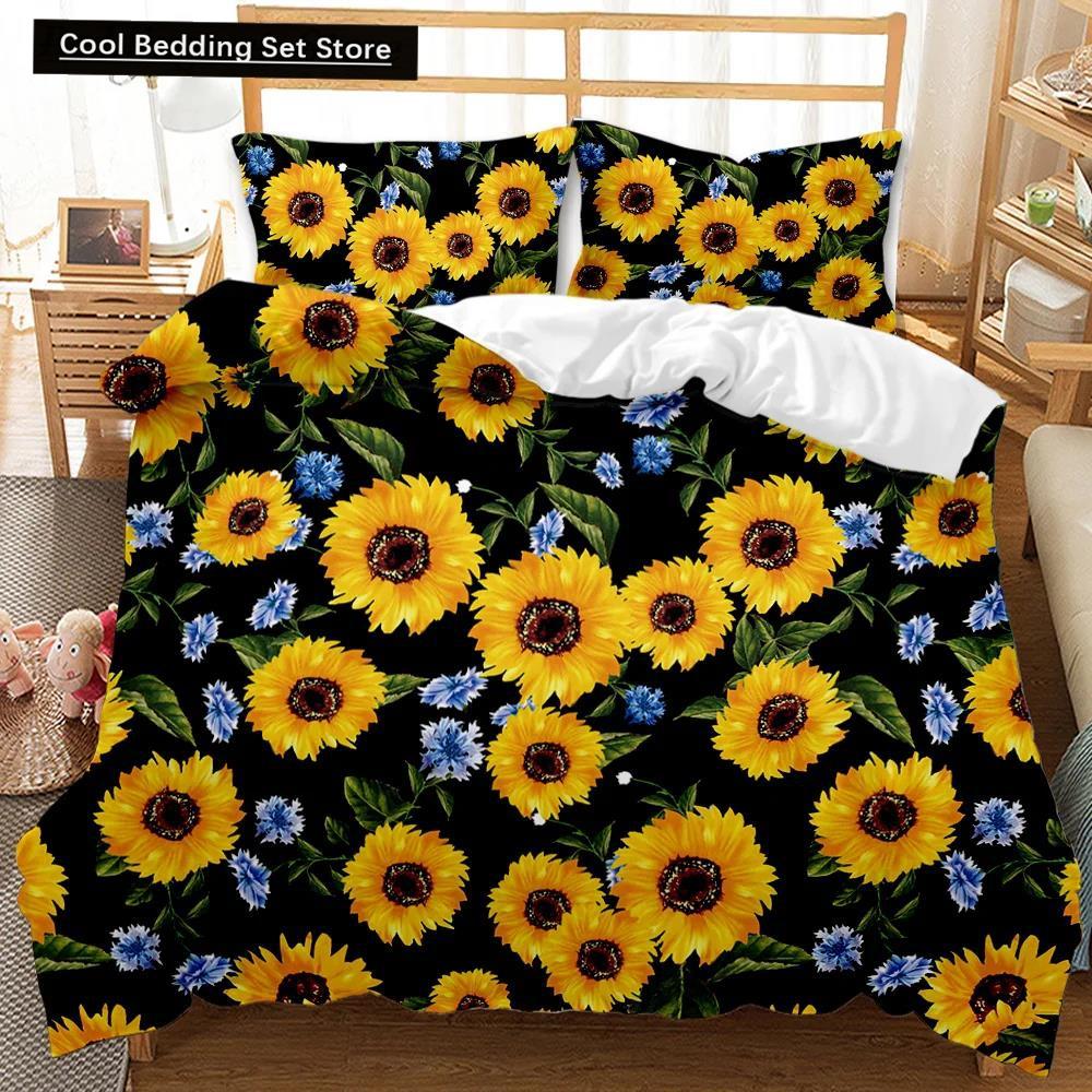 Comforter Sunflower Girly Yellow Floral Print Twin Comforter Women Blossom Flowers Polyester Bedding Set King Size