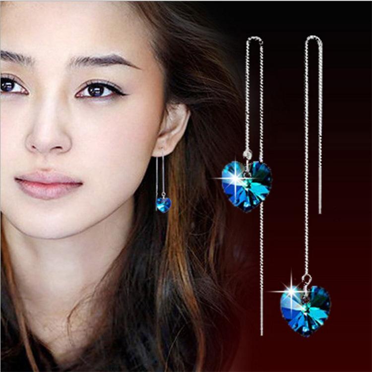 Women's long jewelry Ocean Heart Earrings Tassels Earrings Blue Crystal Earline