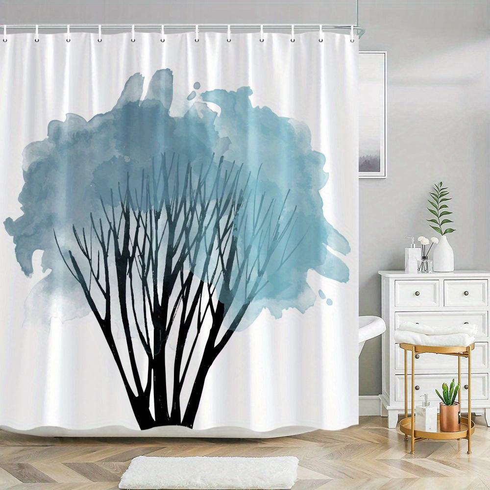 

Минималистичная занавеска для душа с силуэтом дерева - Черные ветви, Бирюзово-синяя акварель, Мечтательный плавный дизайн, Полиэстер, Декор для ванной комнаты W90xH180cm