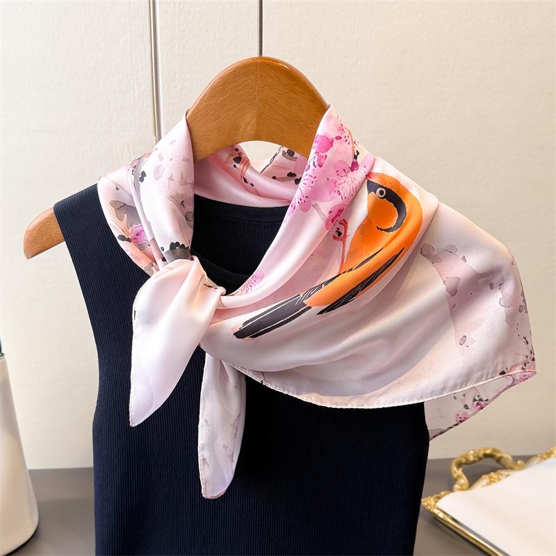 71Cm Small Square Scarf Imitation Silk Scarf Headscarf Flower and Bird Yingchun Printing Neck Protection Scarf Professional Versatile Scarf Scarf Scar