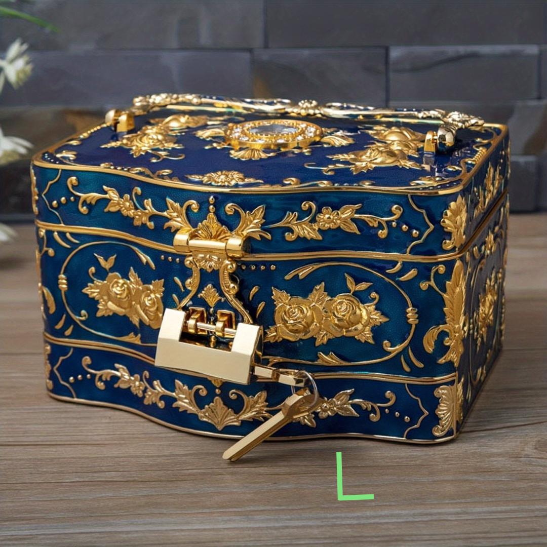 

1 шт. в винтажном стиле, прямоугольное металлическое хранилище ювелирных изделий большой емкости с замком, портативный подарок для свадебного макияжа 21*15*12cm/8.26*5.9*4.72in синий/золотистый