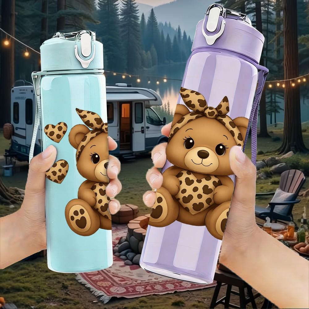 1PC Cute Brown Teddy Bear Art 750ml Color Plastic Sports Water Bottle Leakproof Flip Straw Lid Suitable for Sports Office Home Use
