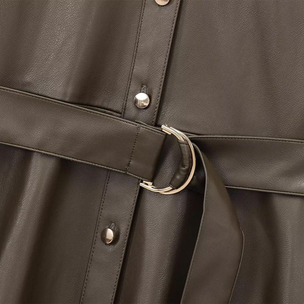 Spring 2025 Women's Slim Fit Faux Leather Belted Long Sleeve Dress