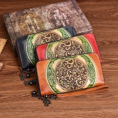 Genuine Leather Vintage Long Wallet Card Holder Women Hand Wallets Natural Cowhide Embossed Versatile Purse