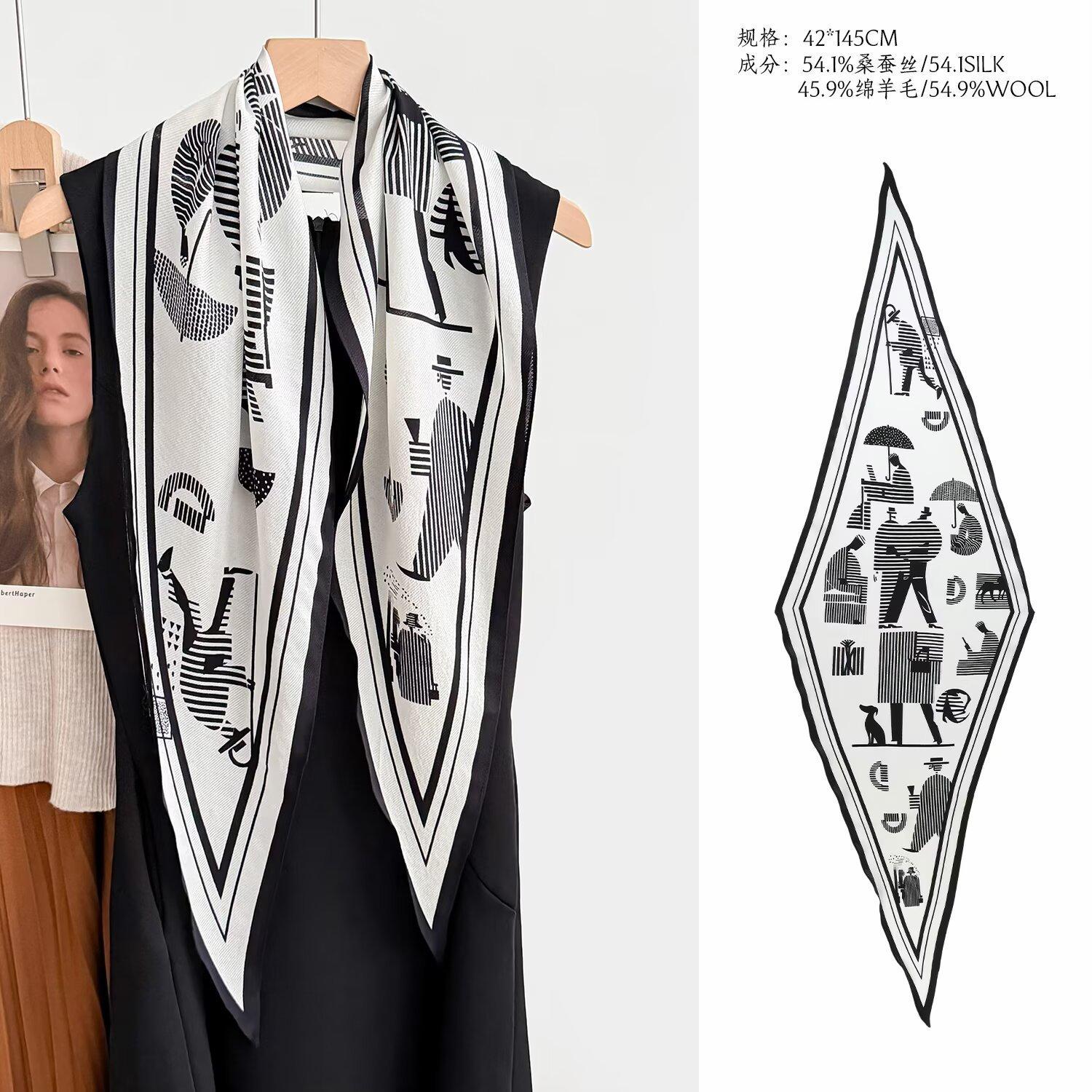 Korean version of the spring new silk wool small silk scarf foreign fashion light luxury thin silk wool rhombus scarf travel shawl 42*145