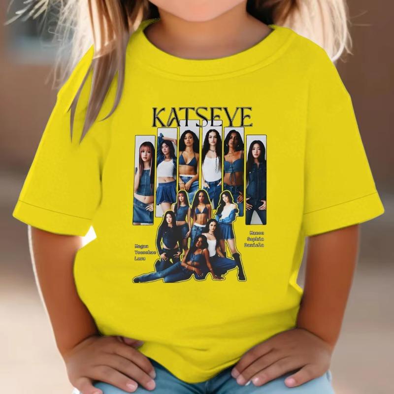 New Children's Summer Pure Cotton Short-Sleeve KATSEYE Girls' Printed Casual Round Neck Comfortable T-Shirt, Boys' Girls' Tops