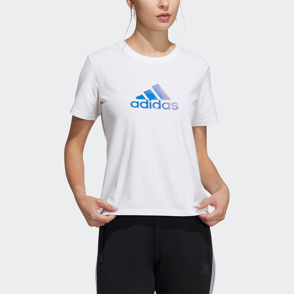 adidas Gradient Logo Print Sports Crew Neck Short Sleeve T-Shirt Women Tops White H09748