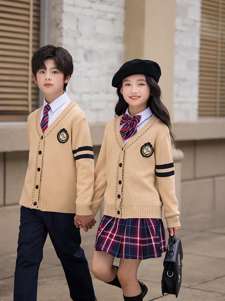Children's British School Cardigan Three-Piece Set: Spring/Autumn Uniform for Primary and Kindergarten