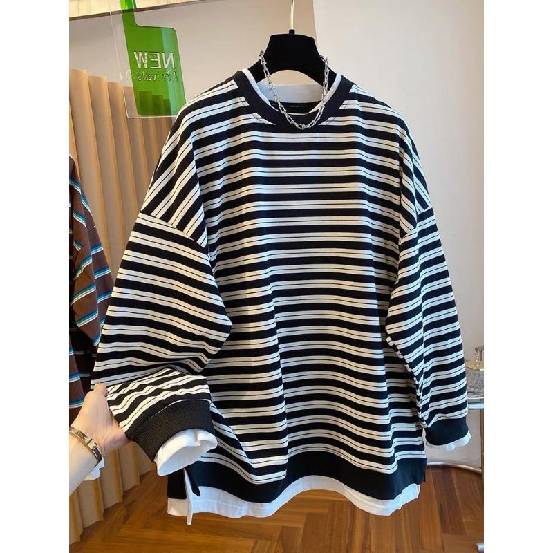 Round Neck Contrast Striped Sweatshirt for Women Spring and Autumn Design Niche Fake Two-piece Top