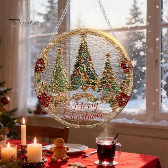 Leichtes Dekoratives Kunstobjekt Acryl-Fensteraufhänger im Buntglas-Stil, Lebensbaum & Winterwald Bunter Hängeornament Runder Sonnensammler
