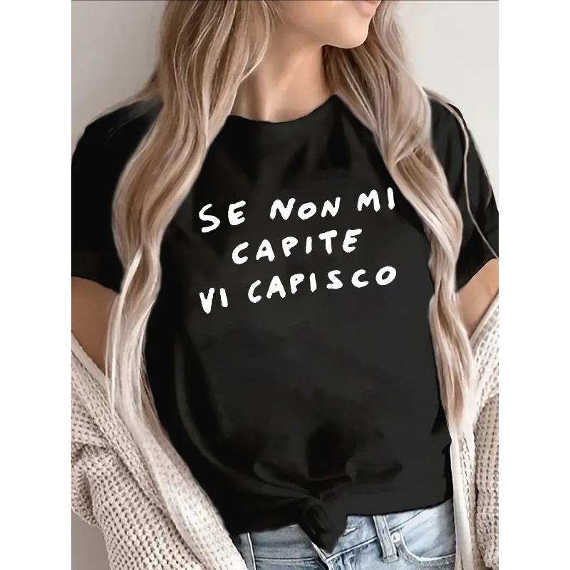 Polyester Short Sleeve T-Shirt with Italian Phrase Se Non Mi Capite Vi Capisco - Casual Wear for Daily Outings, S чёрный