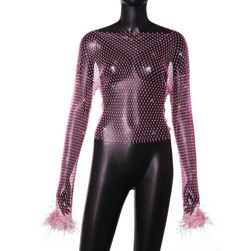 INS Style 2024 European and American Unique and Elegant New Arrival Rhinestone Mesh Cut Out Long Sleeves Women's Solid Color T-shirt Top