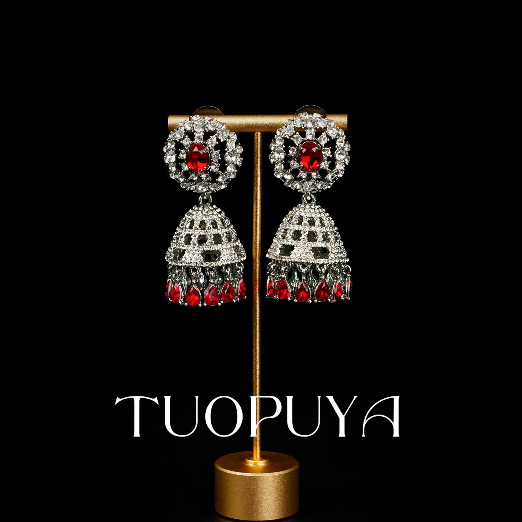 Exaggerated Red Water Drop Diamond Birdcage Earrings