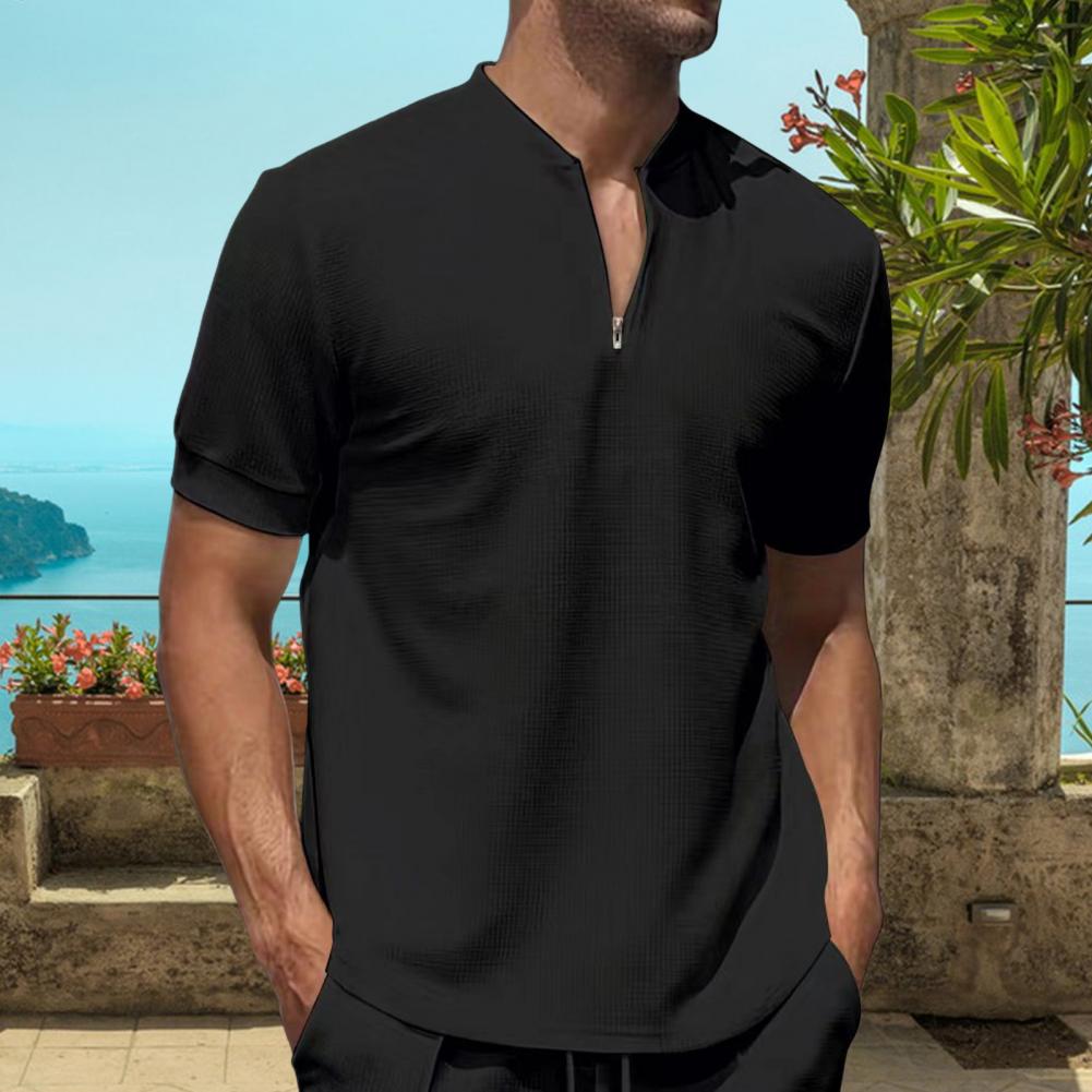 Men Stand Collar Shirt Short Sleeve Solid Color Pullover Top with Zipper Breathable Fitness Tee for Sports Travel Office Daily W