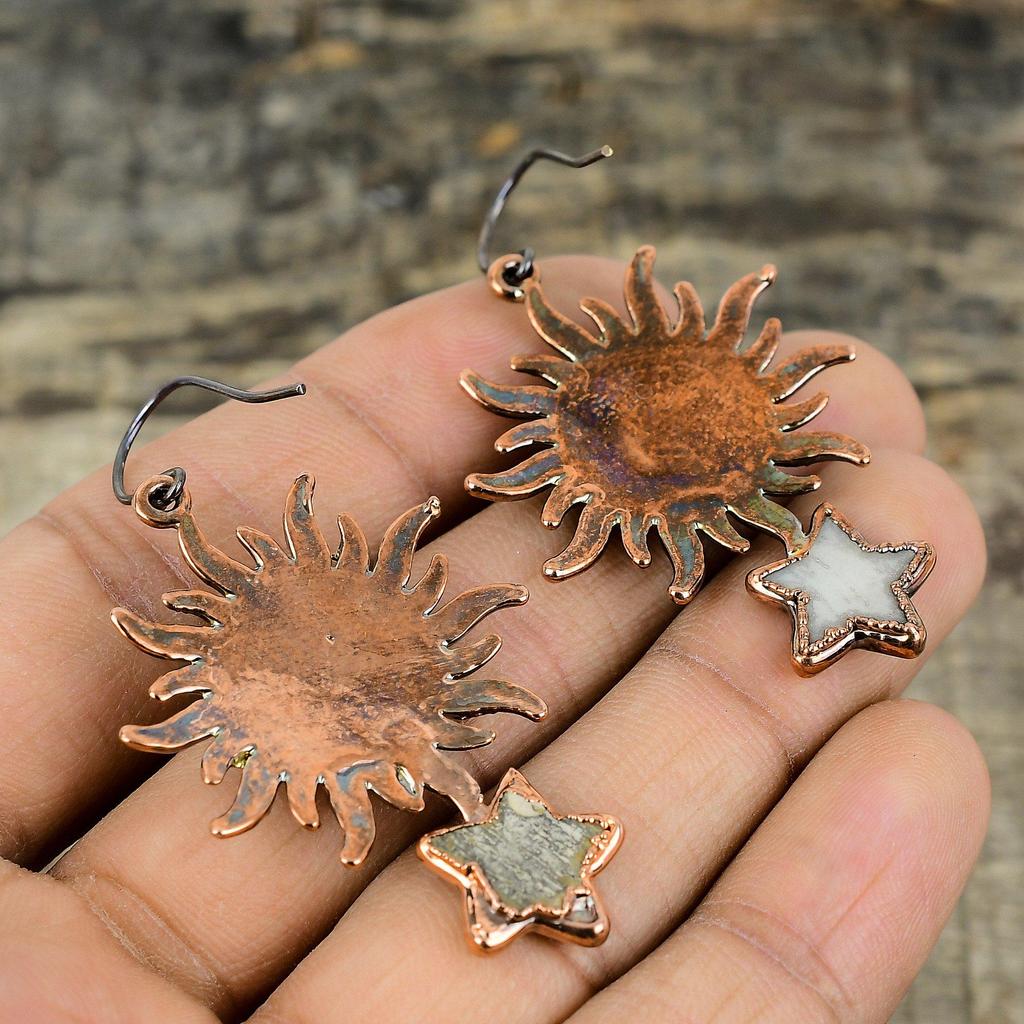 Mother Of Pearl Gemstone Earring Electroformed Copper Earrings Handmade Boho Jewelry Sun And Star Earring Electroformed Jewelry Gift For Mom