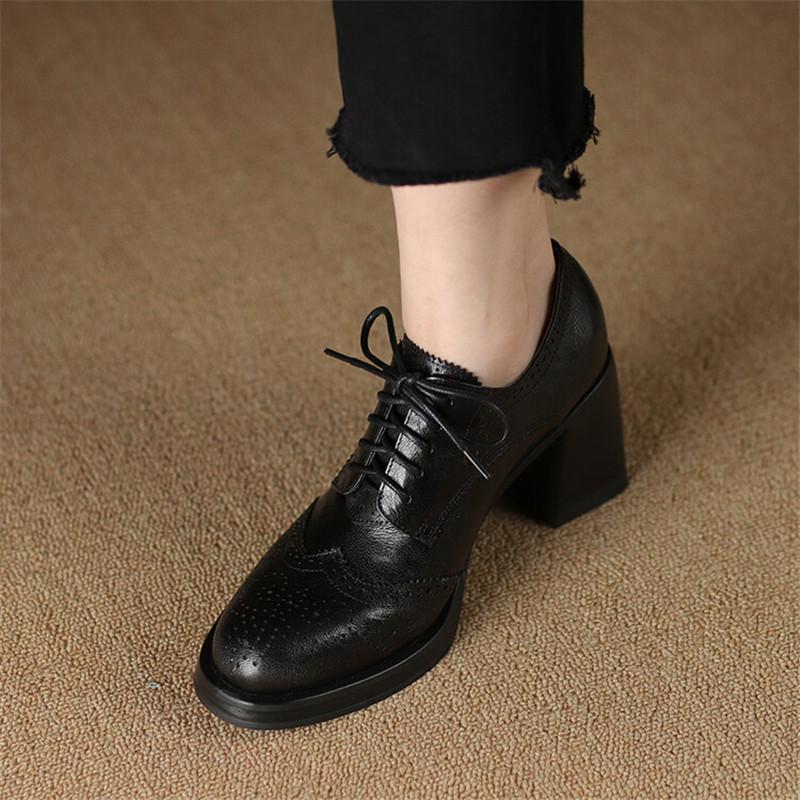Fashion New Spring Genuine Leather Women Shoes Round Toe Women Pumps Brogue Designs Shoes for Women High Heel Lace Loafers Ladies Shoes