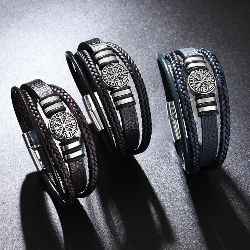 Vintage Punk Men Leather Bracelets for Men Fashion All-match Multi-layer Braided Leather Bracelets Scripture Compass Devil Eye