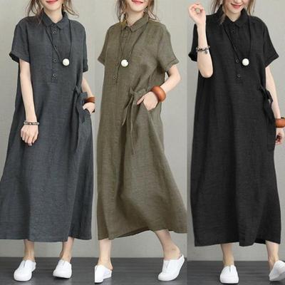 New Solid Colored Cotton and Linen Lapel Short Sleeved Loose Pocket Casual Dress for Women