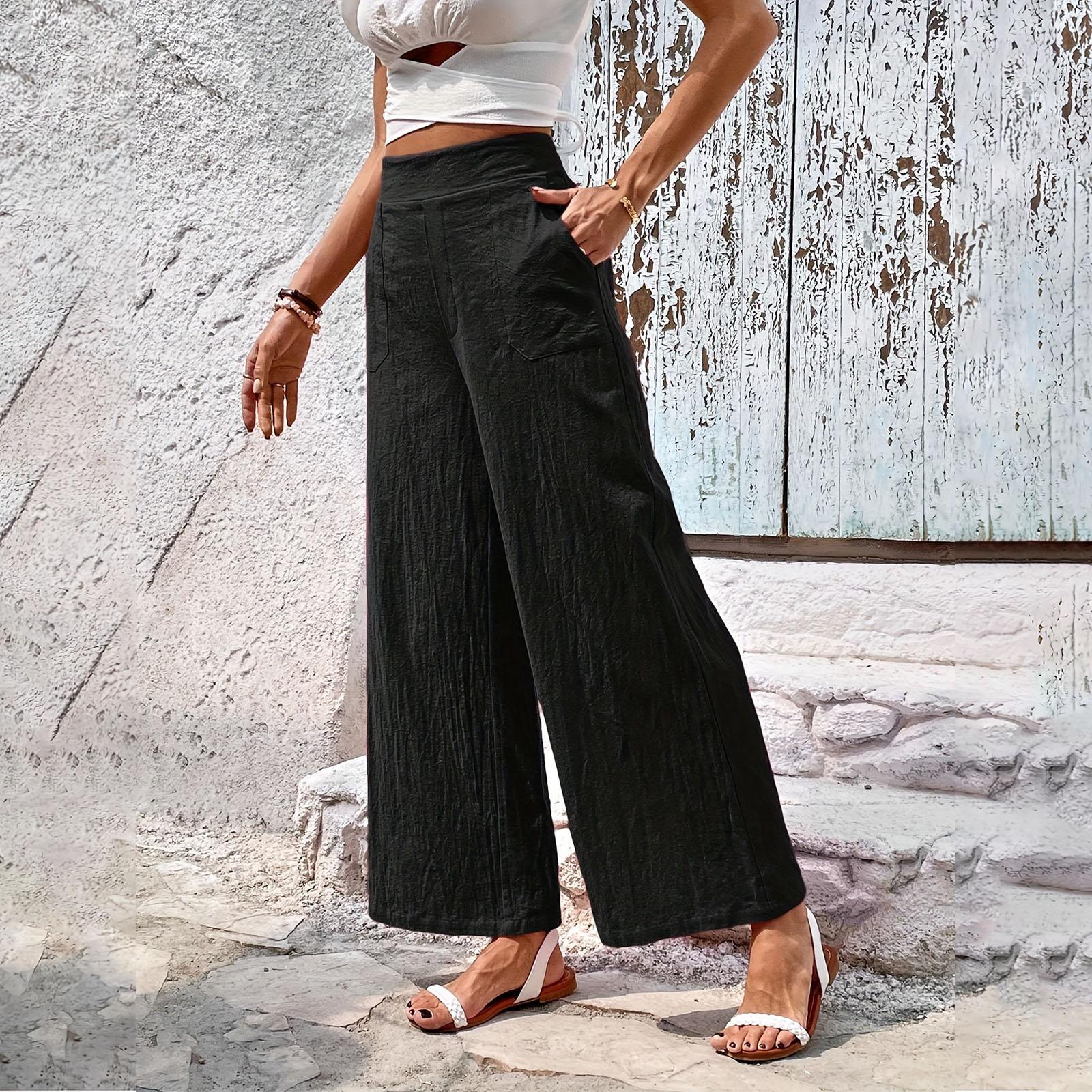 

Women s High Waist Wide Leg Pants Casual Cotton Linen Blend Loose Fit Palazzo Trousers With Pockets, Summer Beach Pants XXL чёрный