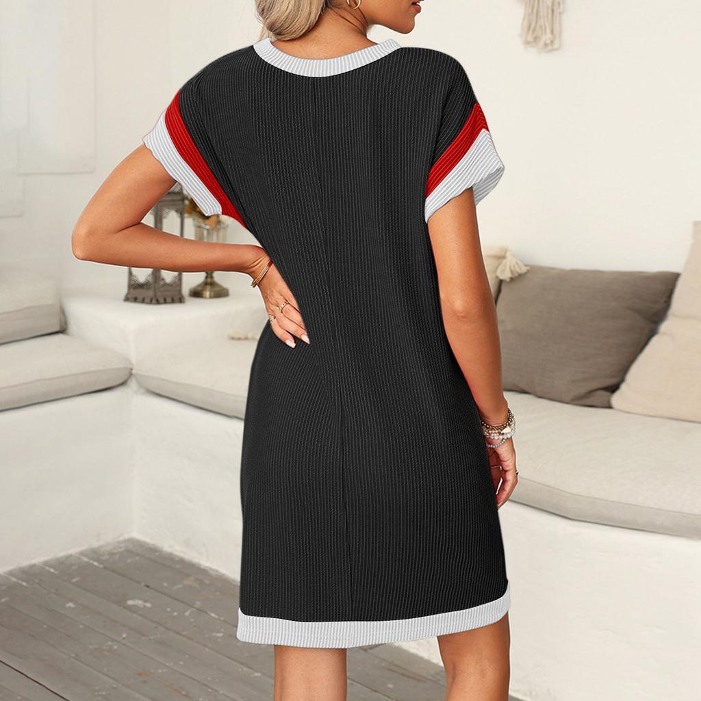 Women's Casual Contrast Color Striped Round Neck T-Shirt Dress
