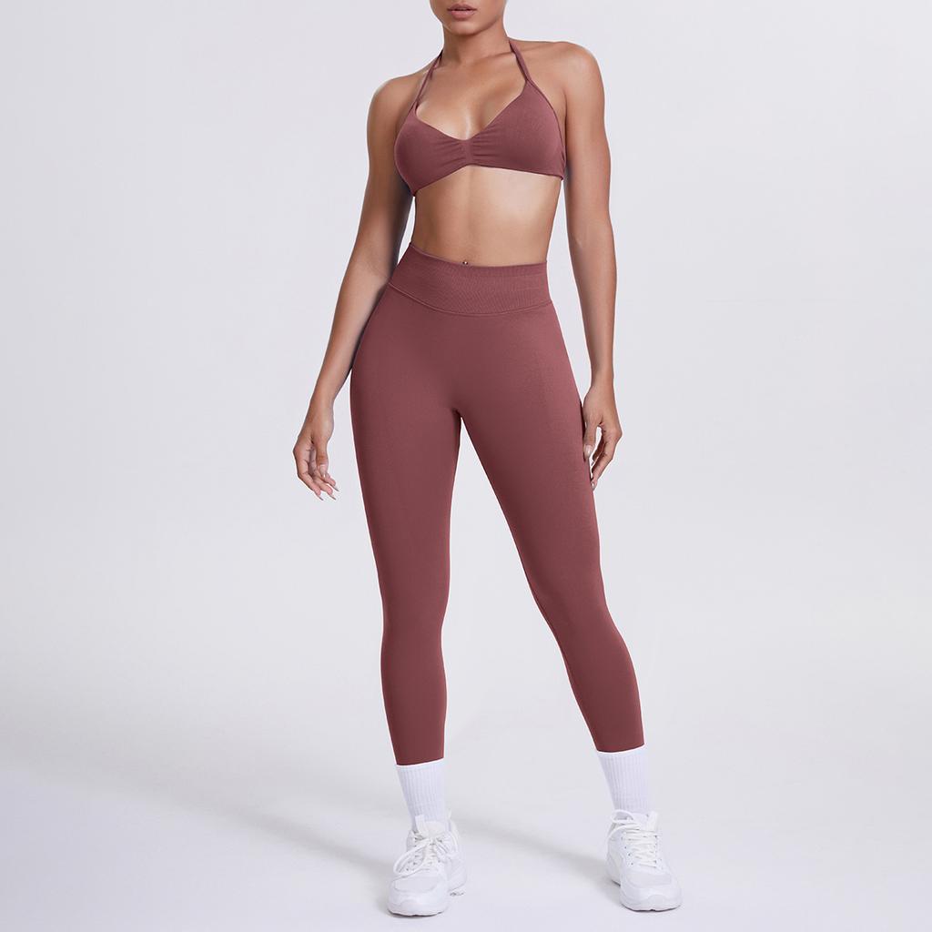 Seamless solid color beautiful back neck bra trousers yoga suit set tight running fitness two-piece set