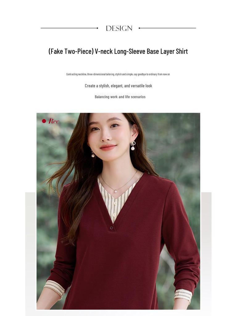 Women's V-Neck Layered Long-Sleeve T-Shirt: New 2026 Spring Style, Regular Fit, Fashionable Base Layer.