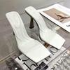 Fashion Elegant Transparent PVC Women Slippers Fashion Red Silver Slide Sandals Summer Sexy Square Toe High Heels Cozy Party Slippers
