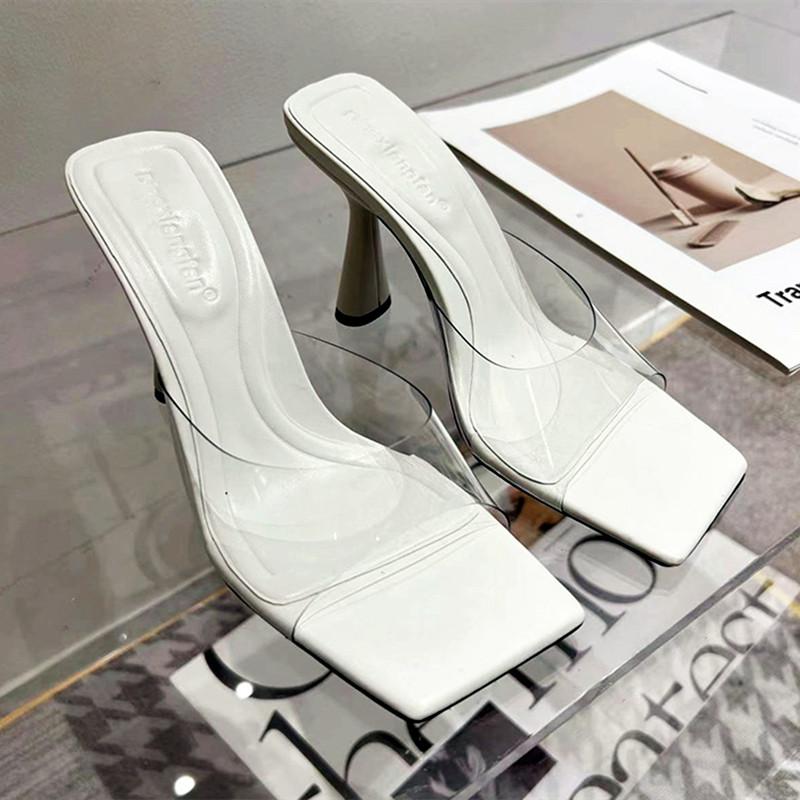 Fashion Elegant Transparent PVC Women Slippers Fashion Red Silver Slide Sandals Summer Sexy Square Toe High Heels Cozy Party Slippers