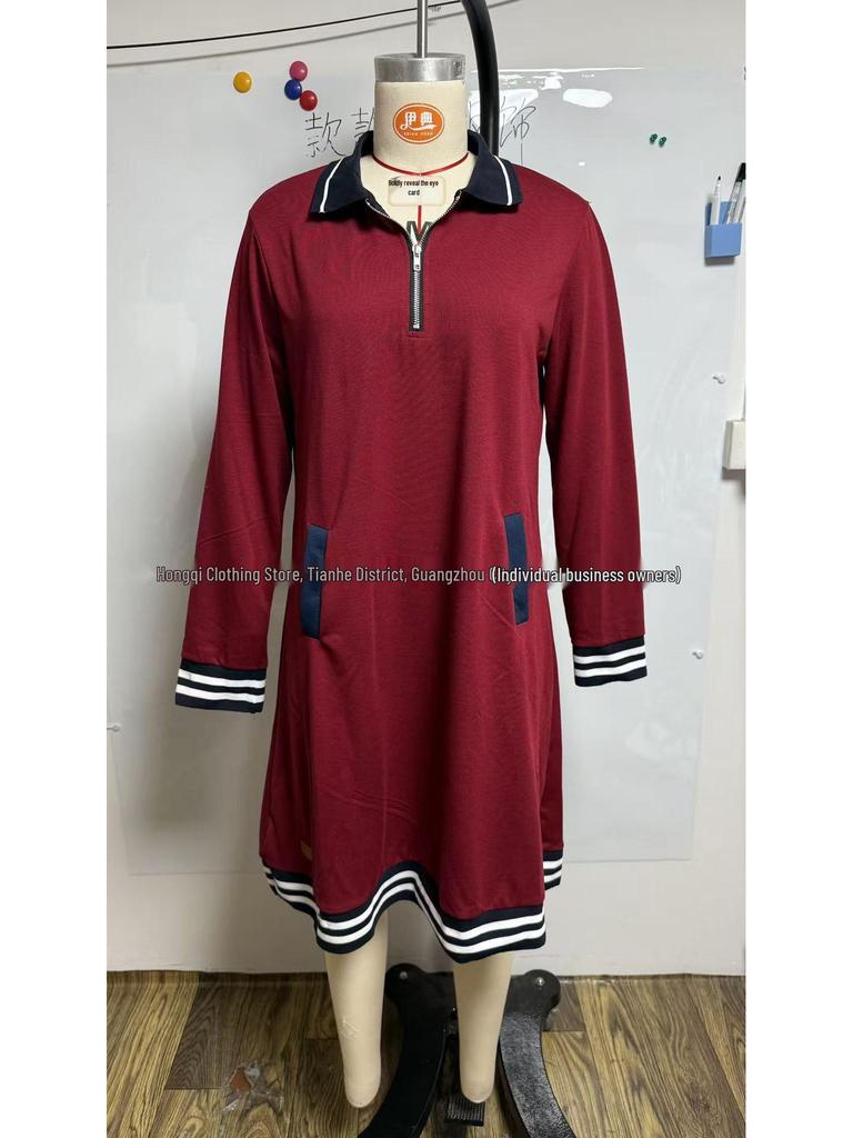 2026 Women's Casual Color Block Lapel Zipper Dress with Pockets