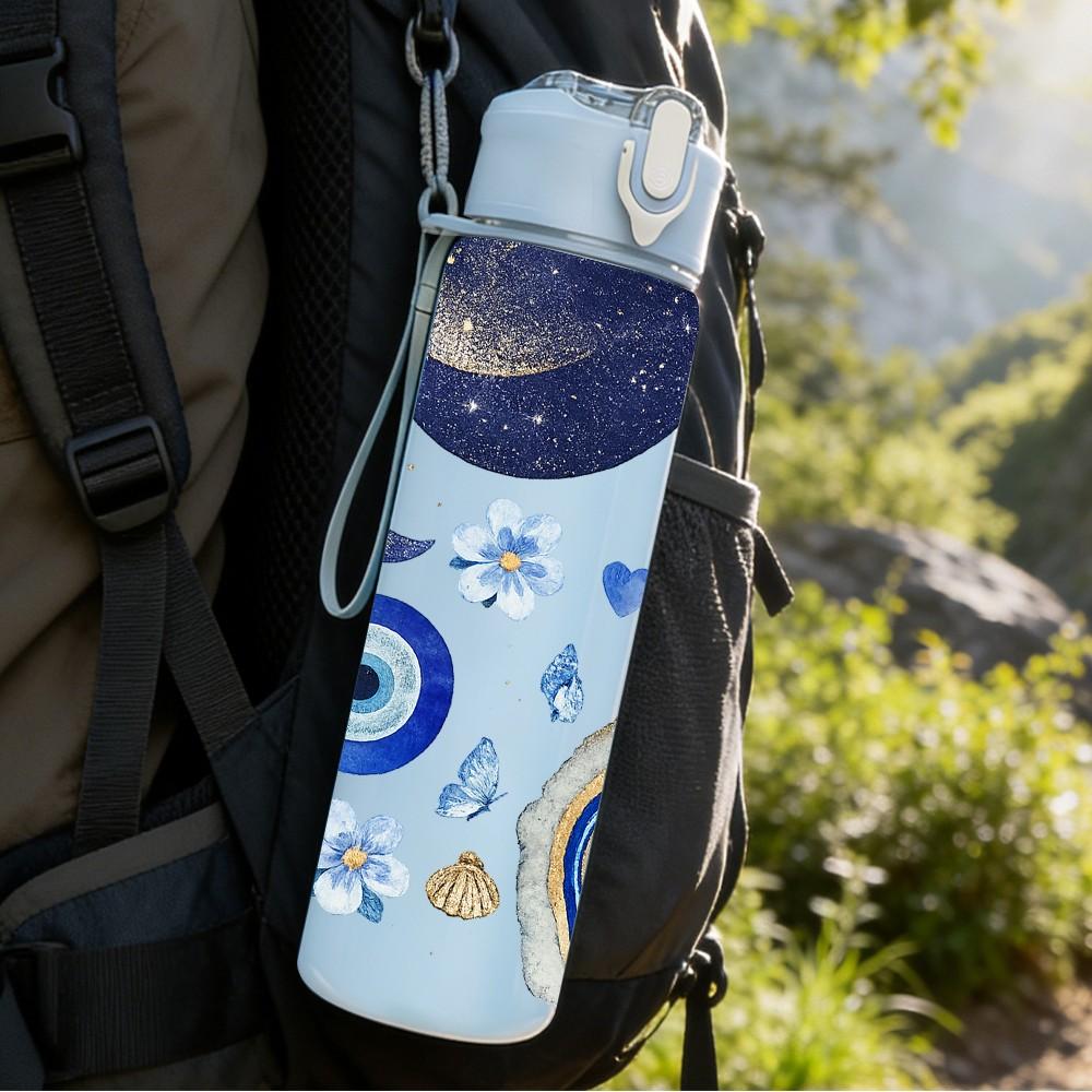 1PC Evil Eye Boho Geometric Pattern Print 750ml Color Plastic Sports Water Bottle Leakproof Flip Straw Lid Suitable for Sports Office Home Use