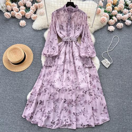Autumn Elegant Dresses for Women Long Puff Sleeve Stand Collar Lapel Single Chiffon Floral Print Vestidos Skinny Dress Dropship