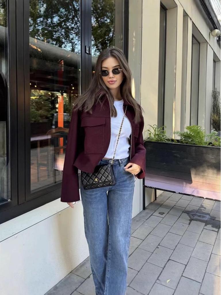 Damen Retro Revers Tasche Kurzmantel - Winterkollektion 2024